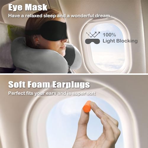 Travel Pillow, Memory Foam Neck Pillow for Traveling, U Shape Neck Pillow Airplane Portable Flight Pillow Travel Kit with 5D Contoured Eye Masks and Earplug for Plane Train Car Home Office