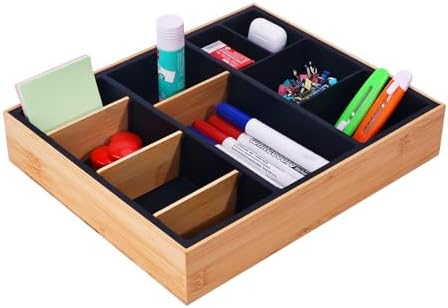 Office Drawer Organizer, Bamboo Desk Drawer Organizer with 4 Removable Dividers, Desk Organizers and Accessories with 10 Adjustable Compartments for Office Home (Gray)