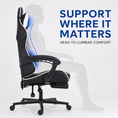 Gaming Chair Office Chair Desk Chair with Footrest Lumbar Support Headrest Armrest Task Rolling Swivel Ergonomic E-Sports Adjustable PC Gamer Chair (White)