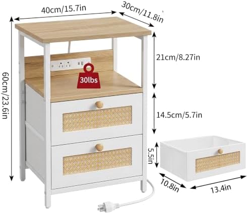 Fixwal Night Stand with Charging Station, Led Nightstand, 2 Fabric Drawers