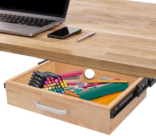 Under Desk Drawer Storage Organizer - Wooden Mounted Sliding Pull-out Drawer, Hidden Desktop Organizer for Office