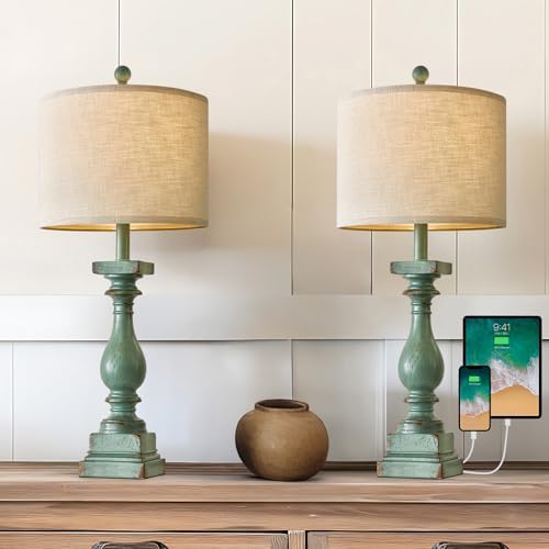 BOBOMOMO 27" Farmhouse Table Lamp Set of 2 with USB A+C for Bedroom Living Room Vintage Rustic Traditional Nightstand Bedside Lamps Retro Side Table Lamps (Green)