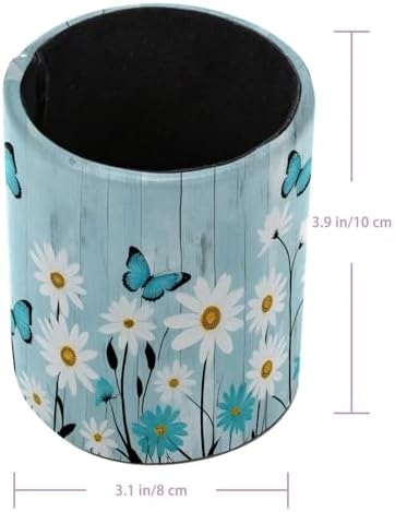 Daisy Floral Butterfly Rustic Plank Pen Holder Pencil Organizer Cute Pencil Cup Desk Decor Makeup Brush Holder PU Multifunctional Office Supplies for Home Classroom School