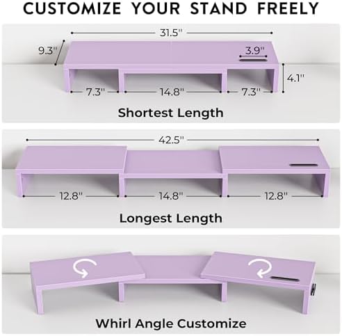 BONTEC Dual Monitor Stand Riser, Adjustable Length & Swivel Angle, Purple