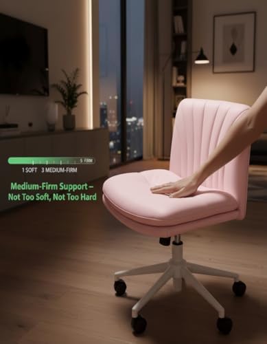 Marsail Armless-Office Desk Chair with Wheels: PU Leather Cross Legged Wide Chair,Comfortable Adjustable Swivel Computer Task Chairs for Home,Office,Make Up,Small Space,Bed Room, Pink
