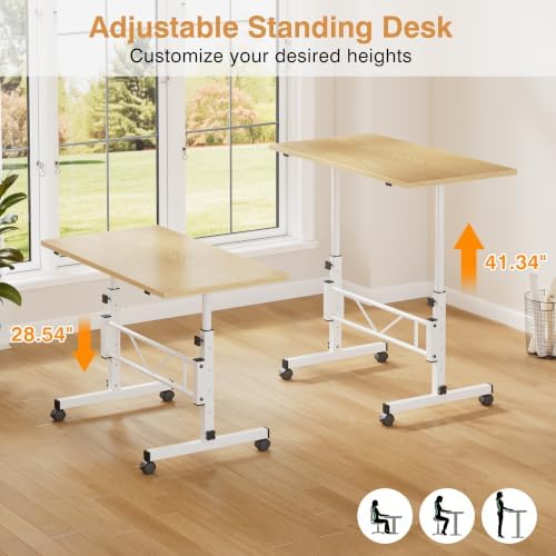 VECELO Small Standing Desk Adjustable Height, Mobile Computer Workstations with Wheels, Portable Rolling Laptop Table for Walking Pad, Home Office, Natural White