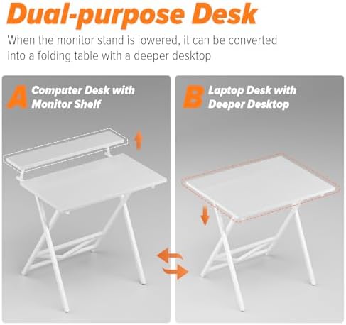 WOHOMO Folding Computer Desk with Monitor Stand, Adjustable Height, White