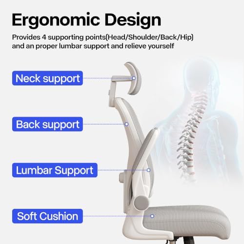 Office Chair, Ergonomic Desk Chair with Adjustable Lumbar Support, High Back Mesh Computer Chair and Headrest, Comfortable Gaming Chairs Rolling Swivel Task Chairs Flip-up Arms(Grey)