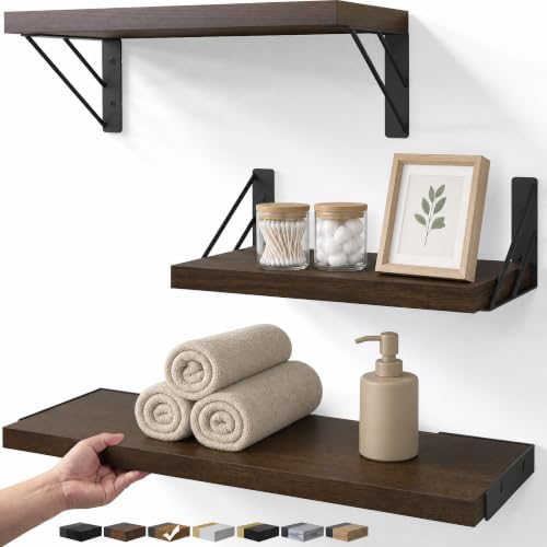 BAYKA Wall Mounted Floating Shelves (Dark Brown, Set of 3, 16" Mixed)