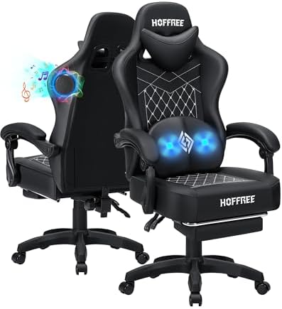 HOFFREE Gaming Chair Computer Chair with Speakers Massage Game Chairs with Footrest Bluetooth High Back Ergonomic Computer Gaming Chairs for Adults Reclining Video Gamer Chair Black