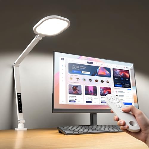 LitONES Led Desk Lamp with Clamp, 2000LM Dimmable Home Office Desktop Light, 3000k-6500k Adjustable Swing Arm Ring Light for Video Conference, Study, Reading, Zoom Calls, Streaming (White)