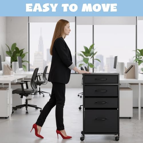 Chunful 4 Drawer Rolling File Cabinet Mobile Printer Stand Metal Cart with Fabric Vertical Filing Chest Wheels A4 Letter Size Under Desk Utility Craft Storage Organizer for Home Office School(Black)