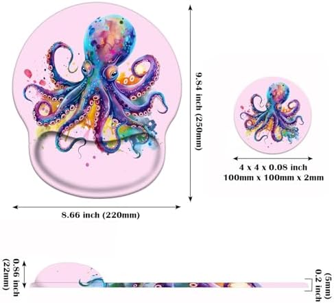 Ergonomic Mouse Pad Wrist Support and Cute Coffee Coaster, Non Slip PU Base Mouse Pad Wrist Rest for Computer, Office Gaming, Working, Easy Typing & Pain Relief, Colorful Octopus