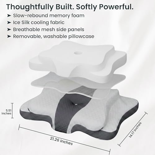 Ergonomic Cervical Neck Pillow for Sleeping – Memory Foam Cervical Pillow for Side Sleepers and Back Sleepers – Contour Neck Support (Grey/White)