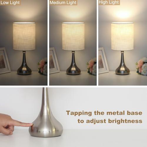 Touch Control Table Lamp, 3 Way Dimmable Simple Night Light Lamp with White Lampshade Silver Metal Base, Small Bedside Table Lamp for Bedroom, Office, Dorm, A19 9W 3000K Bulb Included