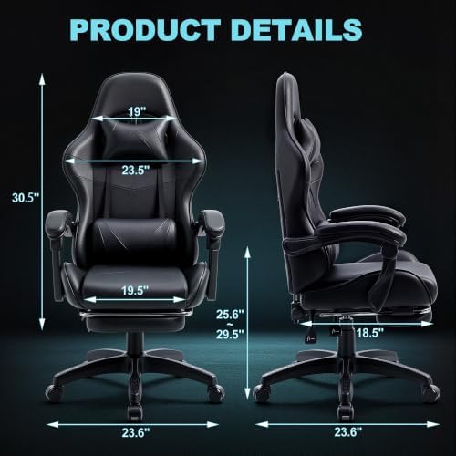 J.M.-Deco Black Gaming and Office Chair-Big and Tall Ergonomic Comfy Desk Chair with Lumbar Support and Foot Rest