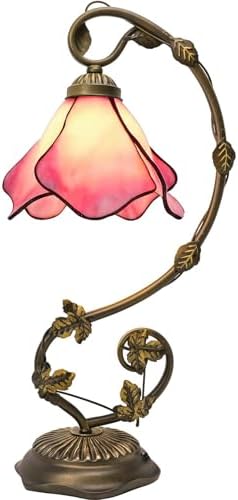 Stained Glass Table Lamp, Pink Flower Design 10x20 Inch Reading Light, 3 Color Temperature LED Bulb for Bedroom Living Room Office Decor