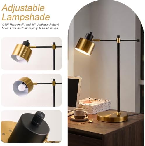 OYEARS 22.2" Modern Desk Lamp, Metal Table Lamp with LED Bulb, Adjustable Reading Lamps for Living Room, Mid Century Task Lamp for Home Office, Industrial Bedside Lamps with Solid Base,Black and Gold