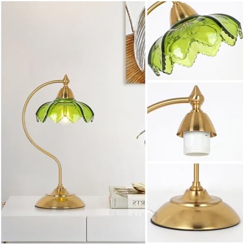 Glass Beside Table Lamp for Bedroom, Plug In Gold Desk Lamp, Vintage Flower Nightstand Lamp, Table Lamps for Living Room, Small Desk Lamps for Home Office, Green Table Light, Flower Lamp Decoration