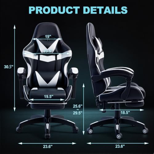 J.M.-Deco Gaming Chair Office Chair-Big and Tall Office Ergonomic Chair with Foot Rest - Comfy Desk Chair with Lumbar Support,Black and White
