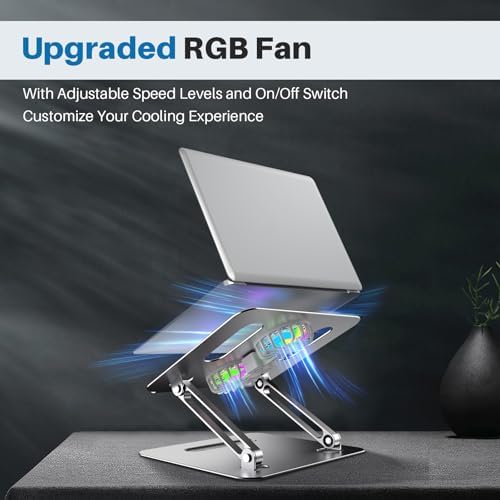YICOSUN Adjustable Laptop Cooling Stand with 2 Quiet Fans & RGB Lighting, Aluminum Alloy & Foldable Ergonomic Design for MacBook, Lenovo, ASUS, Dell 10-16 Inch, Perfect for Gaming, DJ, Office - Gray