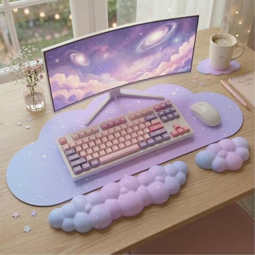 Cloud Mouse Pad Keyboard Wrist Rest for Mouse 4PCS Extended Large Stars Galaxy Space Desk Mat Pad Set Memory Foam Non-Slip Cute Ergonomic Game Mouse Wrist Support for Computer Home Office Purple Blue