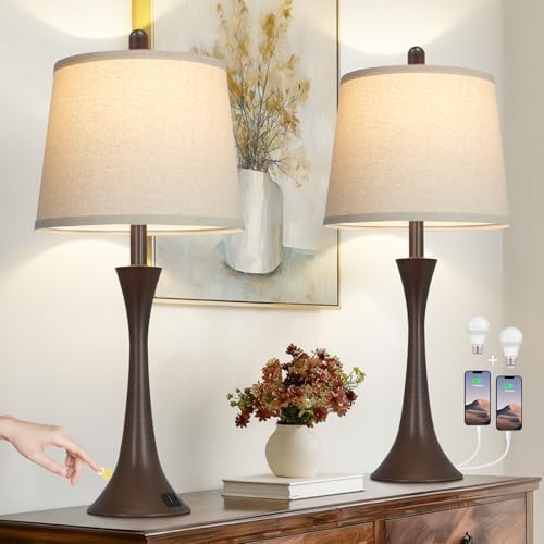 Rinweey 27.5" Table Lamps Set of 2, Touch Bedside Lamps with USB C+A Ports, 3 Way Dimmable Nightstand Lamps for Bedroom, Living Room, Office, Brown Lamp with Beige Lampshade, Bulbs Included