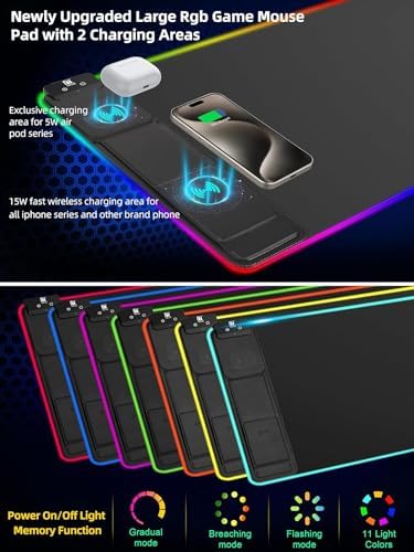 XXL Mouse Pad with Phone Holder - Black, RGB Desk Mat with 15W Fast Charging, LED Gaming Mousepad with 11 Light Colors, Waterproof Non-Slip Pad for Office & Home (Black with PD Adapter)