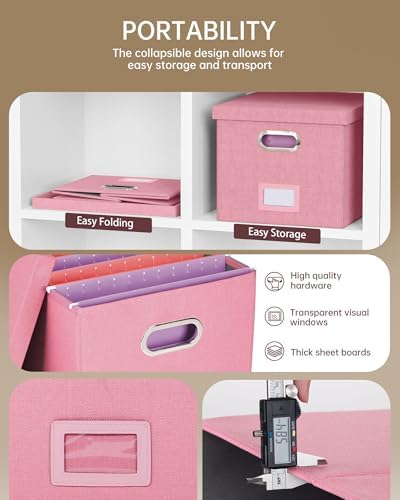 Oterri 2 Pack File Storage Organizer, Filing Box, Portable File Box with Lid, Fit for Letter/Legal File Folder Storage, document organizer, New-pink