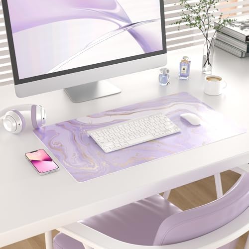 Faux Leather Large Mouse Pad, Office Desk Mat, 23.6"x13.8", Violet Marble