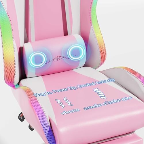 Mr IRONSTONE Gaming Chair with Footrest, Ergonomic Gaming Chair with Massage Lumbar Support and Headrest, Reclining Computer Desk Chair for Adults, Adjustable Swivel Gaming Office Chair, Pink