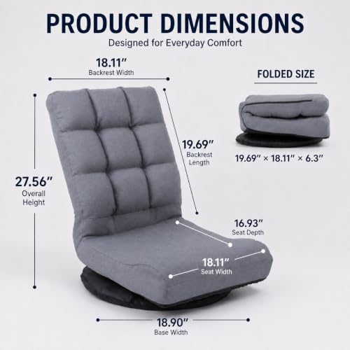 Swivel Floor Chair for Teens，Multipurpose Gaming Chair Rocker for TV, Reading, Playing Video Games Lumbar Support, Adjustable Foldable Backrest,Grey