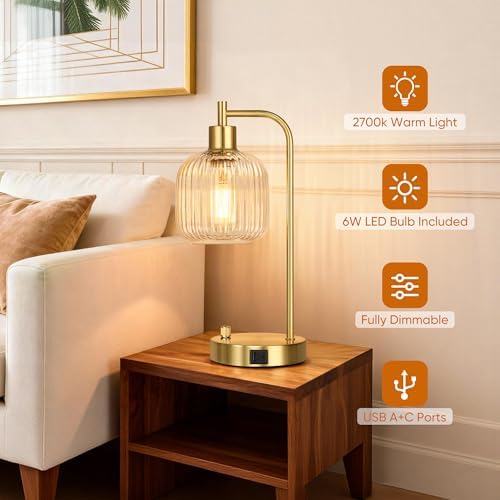 Clear Glass Table Lamps Set of 2, Dimmable Bedside Lamps for Living Room