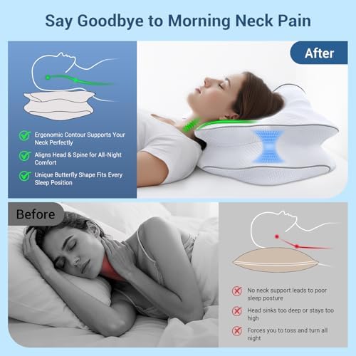 AZBESTPRO Memory Foam Cervical Pillow for Neck Support & Pain Relief, Butterfly Ergonomic Design – 24×15.75×5.7 Inches, Removable 100% Polyester Pillowcase, Suitable for Side & Back Sleepers (Grey)
