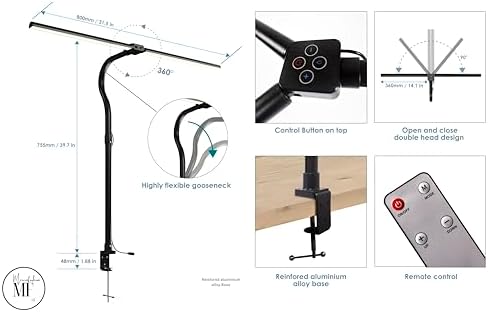 LED Desk Lamp with Clamp, Double Head Dimmable Clip On Light, 5 Color Modes, Eye-Caring Gooseneck Desk Lamp for Home Office, Study, Reading, Workbench & Small Desk – Black