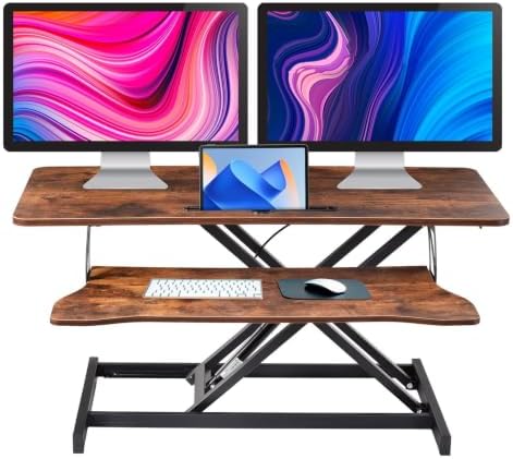 38-inch Standing Desk Converter Height Adjustable Sit to Stand Up Workstation, Duals Monitor and Laptop Riser with Wide Keyboard Tray, for Home, School, Company, Brown