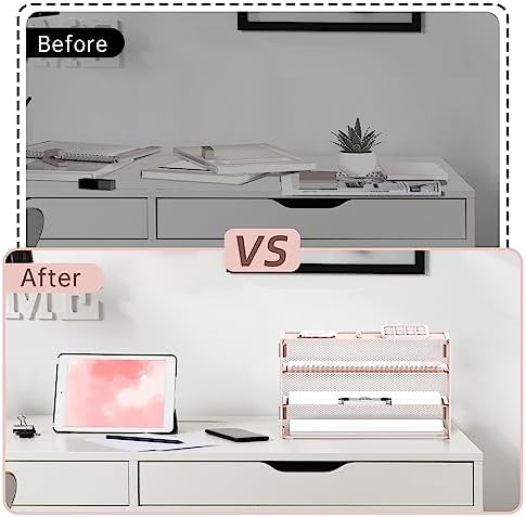 DALTACK 3 Tier Letter Tray Paper Organizer with Sliding Mesh Trays Pink