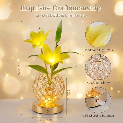 Stargazer Lily Crystal Table Lamp, Rechargeable Touch Flowers Lamp
