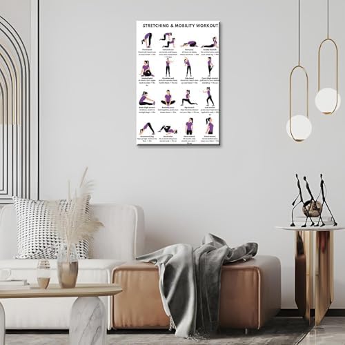 Stretching & Mobility Workout Poster, 16 Illustrated Full-Body Flexibility Chart with Timed Hold Guides, Bodyweight Daily Stretch Reference for Desk Soreness & Post-Workout Joint Recovery(16x24inchs，Wrapped Framed)