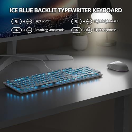 surmen Cute Quiet Keyboard Blue Wired Typewriter Keyboard, Light Up Backlit PC Keyboards with Retro Round Keys Full Size 104 Keys for Office Computer (Blue)