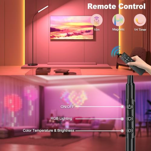 Yikuneng Floor Lamps, RGB Color Changing Dimmable LED Floor Lamp with Stepless Adjustable 2700K-6500K, Smart Remote Control Modern Standing Floor Lamp for Bedroom, Reading, Gaming Room