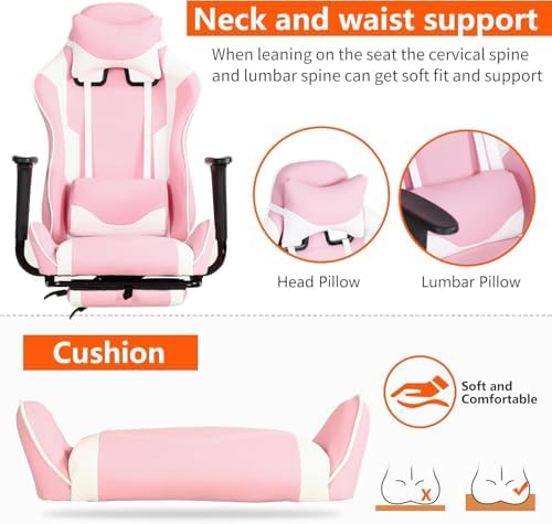 PC Gaming Chair with Footrest, Ergonomic Home Office Chair with Lumbar Support & Headrest Pillow, Pink