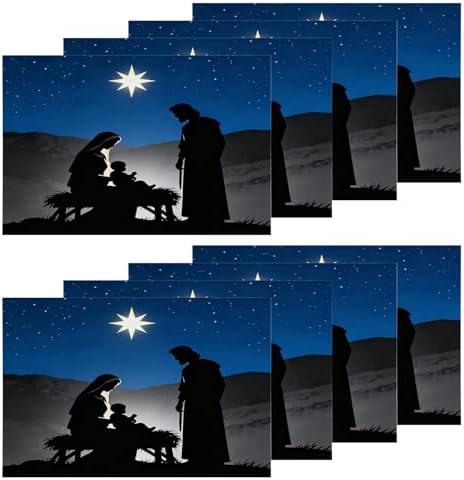 Shrahala White Christmas Christian Baby Set of 8 12 X 18 Inch Linen Placemats, Light Purple Bethlehem Star Burlap Table Mat Washable Double Layered Heat Insulation for Indoor/Outdoor