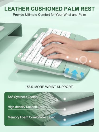 EAYBLLY 2.4G Wireless Ergonomic Keyboard, Full Size Wave Keys with Memory Foam Wrist Rest & 7.28in Phone Holder, USB-C Adapter Included for Windows Mac Chrome OS, Office or Home (Mint Green)