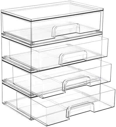 Vtopmart Clear Stackable Storage Drawers, 4 Pack Wide Plastic Organizers