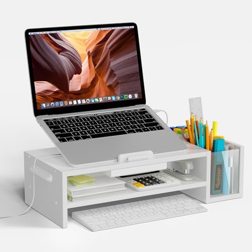 AFOOYO Adjustable Wood Laptop Stand, Ergonomic Height & Angle Computer Riser with Pen Holder – Compatible with MacBook Air/Pro, Dell, HP, Lenovo & 10-17.3" Notebooks – White