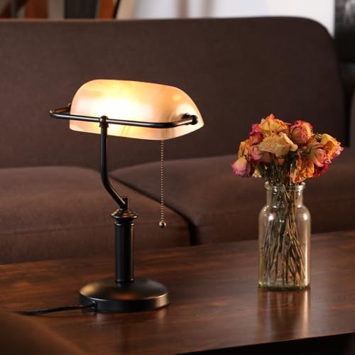 TORCHSTAR Pale Yellow Glass Bankers Desk Lamp with Pull Chain, E26 Base