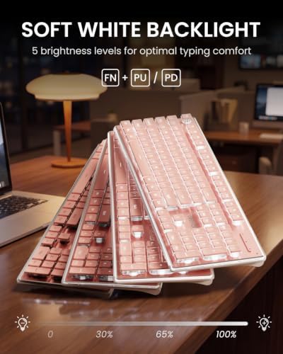 Wireless Keyboard and Mouse Combo, White Backlit, Rechargeable - Pink