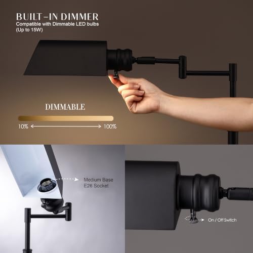 O’Bright Arcadia - Pharmacy Floor Lamp, Full Range Dimming, Swing Arm Task Lamp, E26 Socket, Bulb Replaceable, Adjustable Height 47” to 55”, 360° Rotatable Shade, All-Metal Design, Black