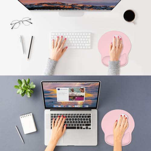 ITNRSIIET Ergonomic Mouse Pad with Wider Memory Foam Wrist Rest +17%, Curved Cushion Reduces Pressure 20%, Pain Relief, Non-Slip, Smooth, Cute Color Desk Accessory, 9.9 x 9 inch, Blush Pink